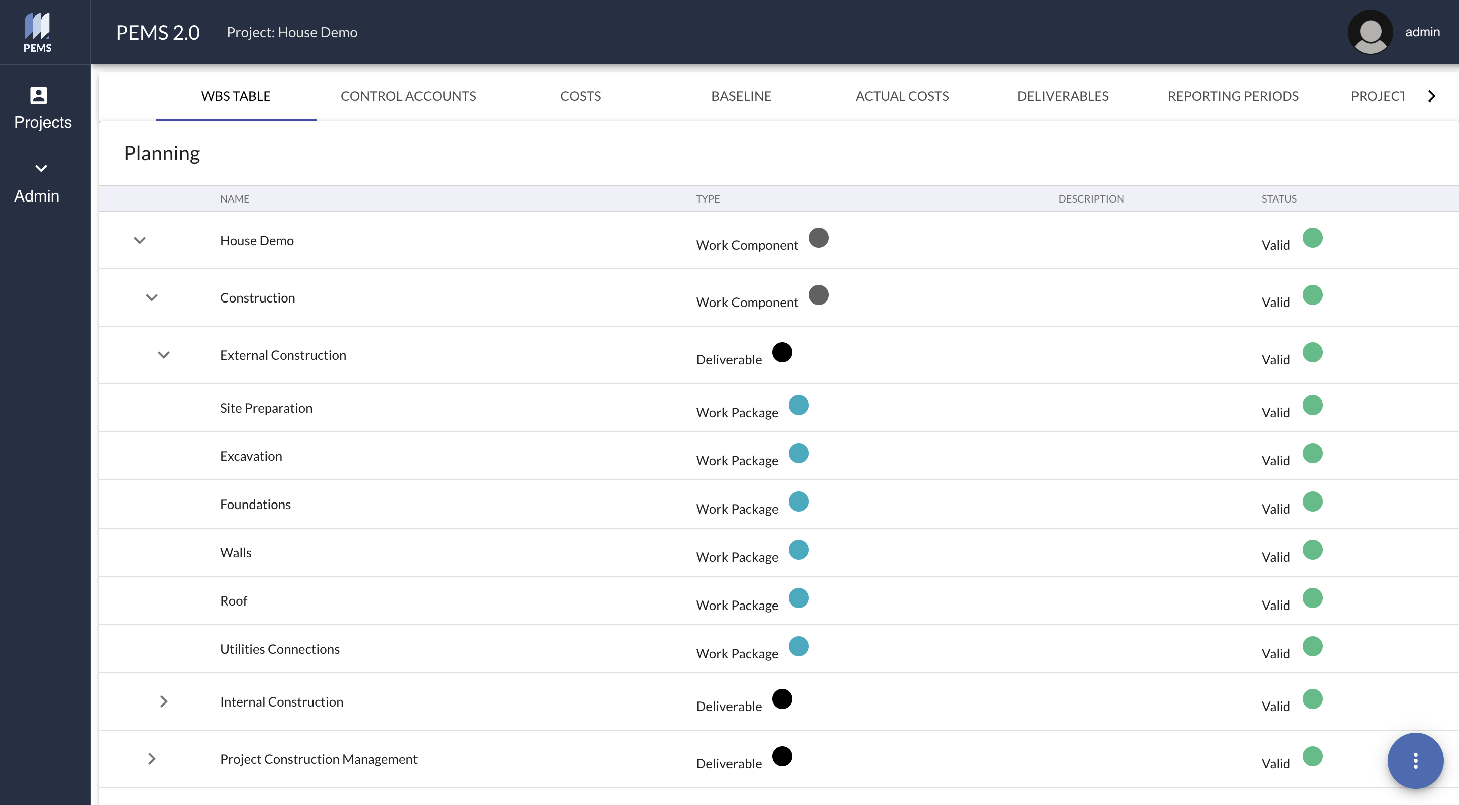 PEMS WBS Table — deliverables and work packages with Valid status